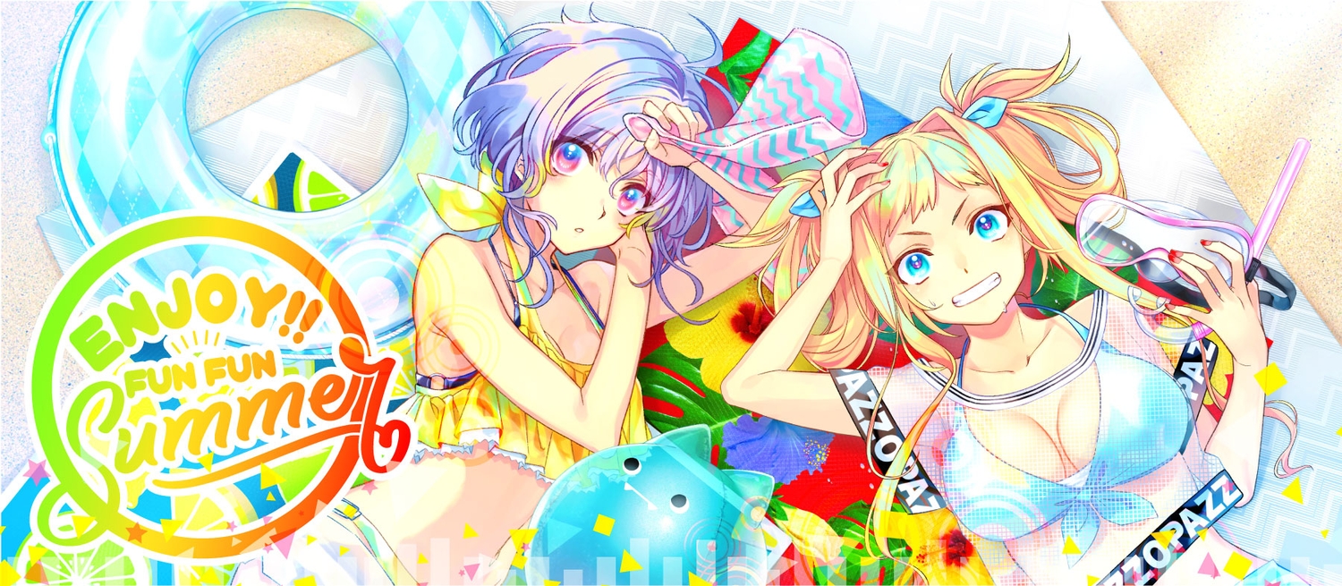 2girls, aqua_eyes, beach, bikini, blonde_hair, breasts, cleavage, goggles
