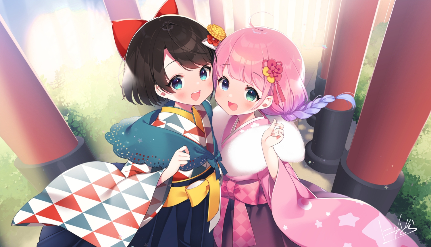 2girls, aqua_eyes, bicolored_eyes, black_hair, blush, bow, braids, himemori_luna