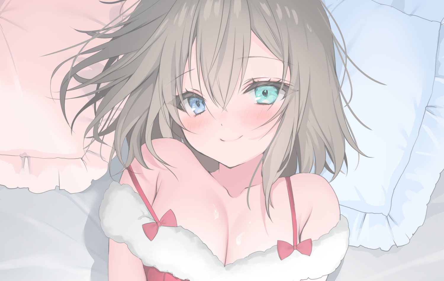 bed, bicolored_eyes, blush, breasts, brown_hair, christmas, cleavage, close