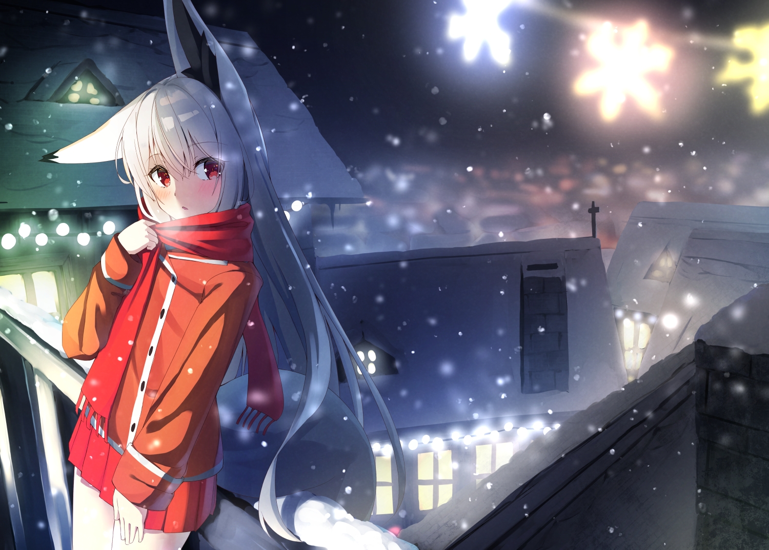 aliasing, animal_ears, blush, building, christmas, city, foxgirl, long_hair