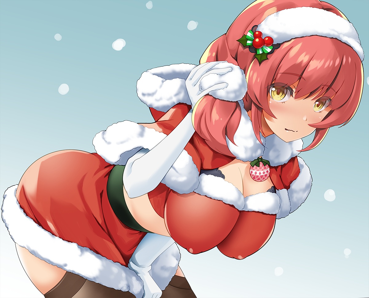 blush, breasts, cape, christmas, cleavage, elbow_gloves, erect_nipples, gloves