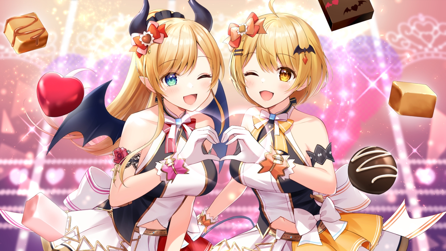 2girls, blonde_hair, blush, bow, candy, chocolate, demon, fang