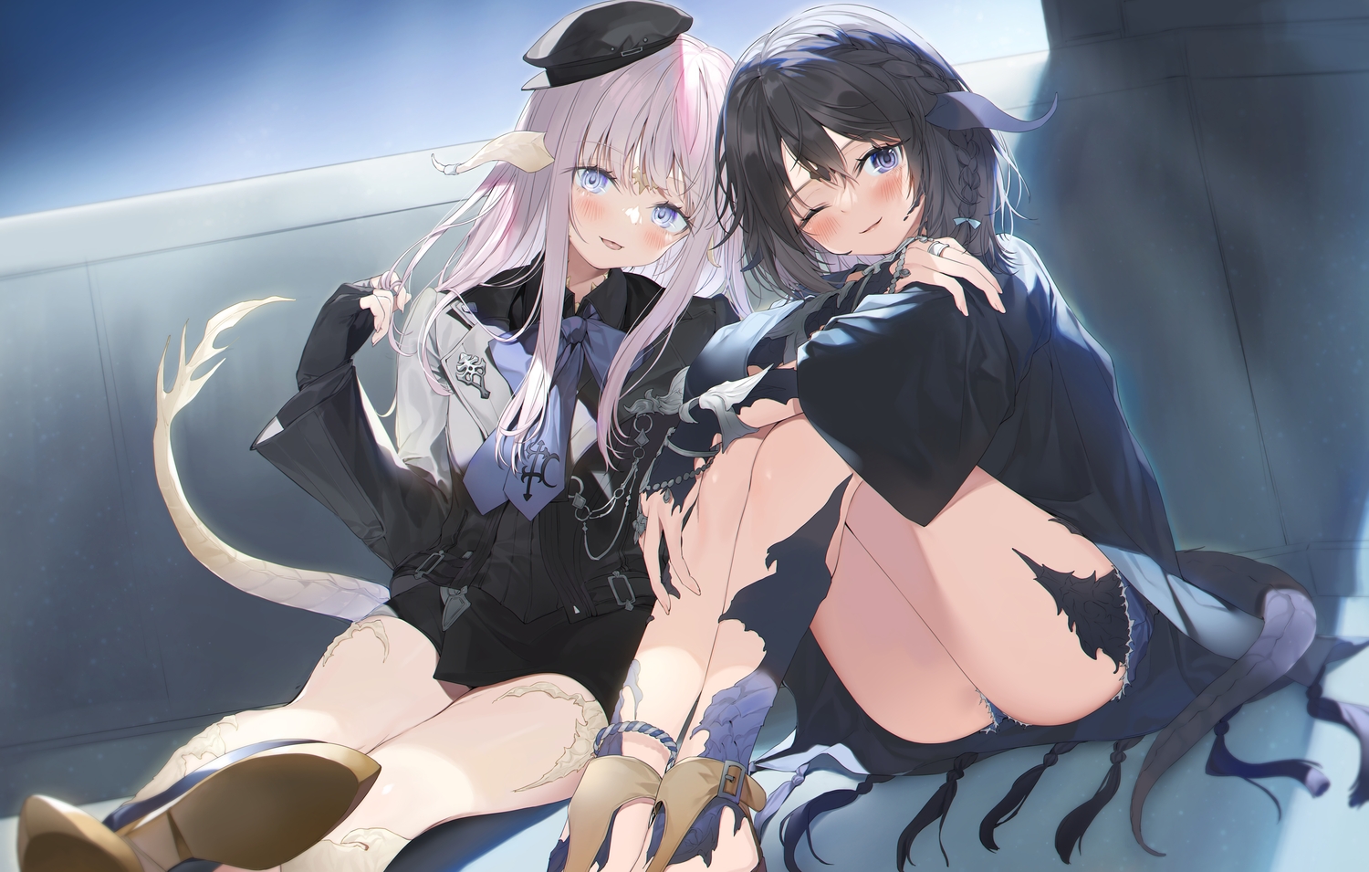 2girls, au_ra, black_hair, blue_eyes, final_fantasy, final_fantasy_xiv, hat, horns