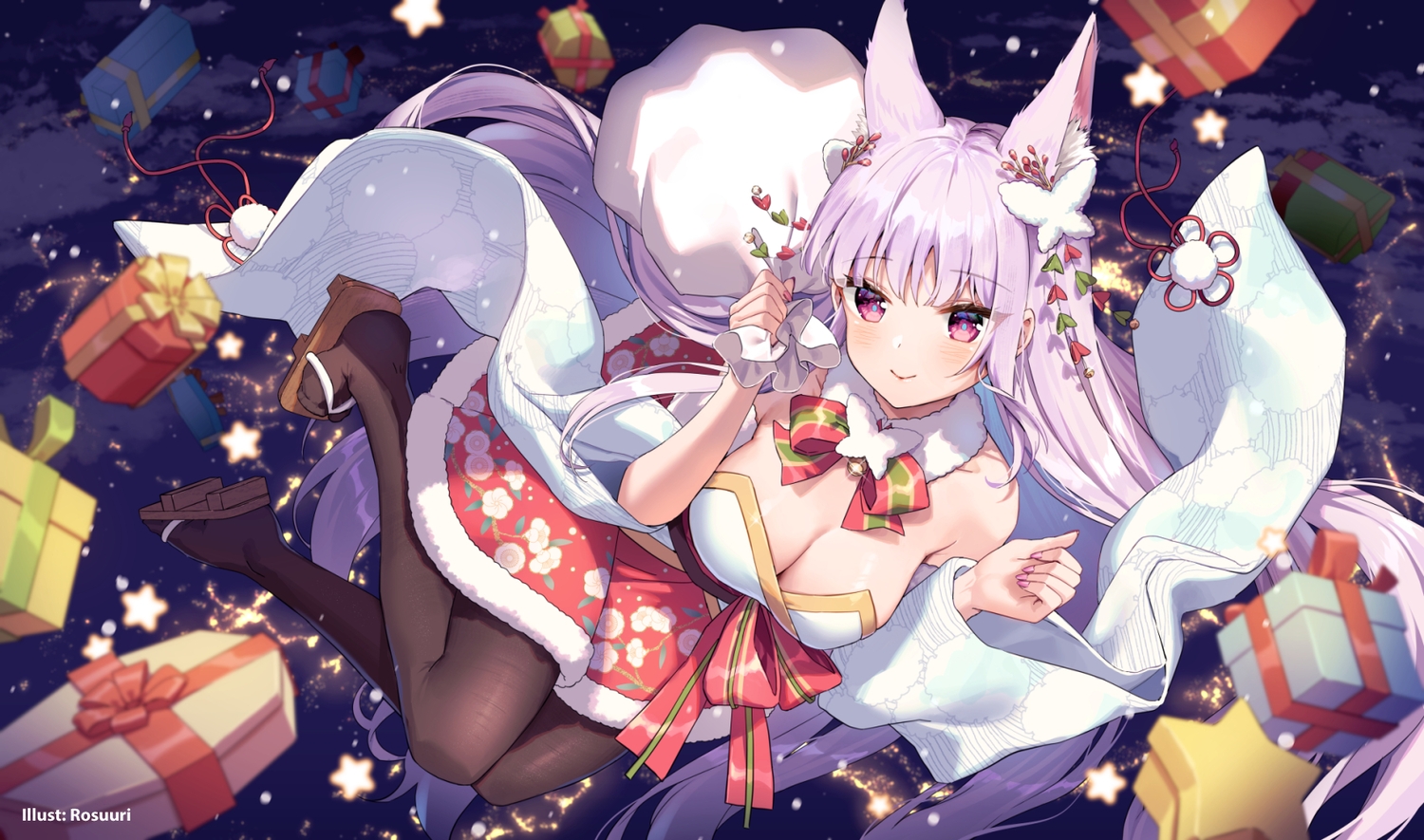 animal_ears, bow, christmas, clouds, dress, foxgirl, kamishiro_natsume, long_hair