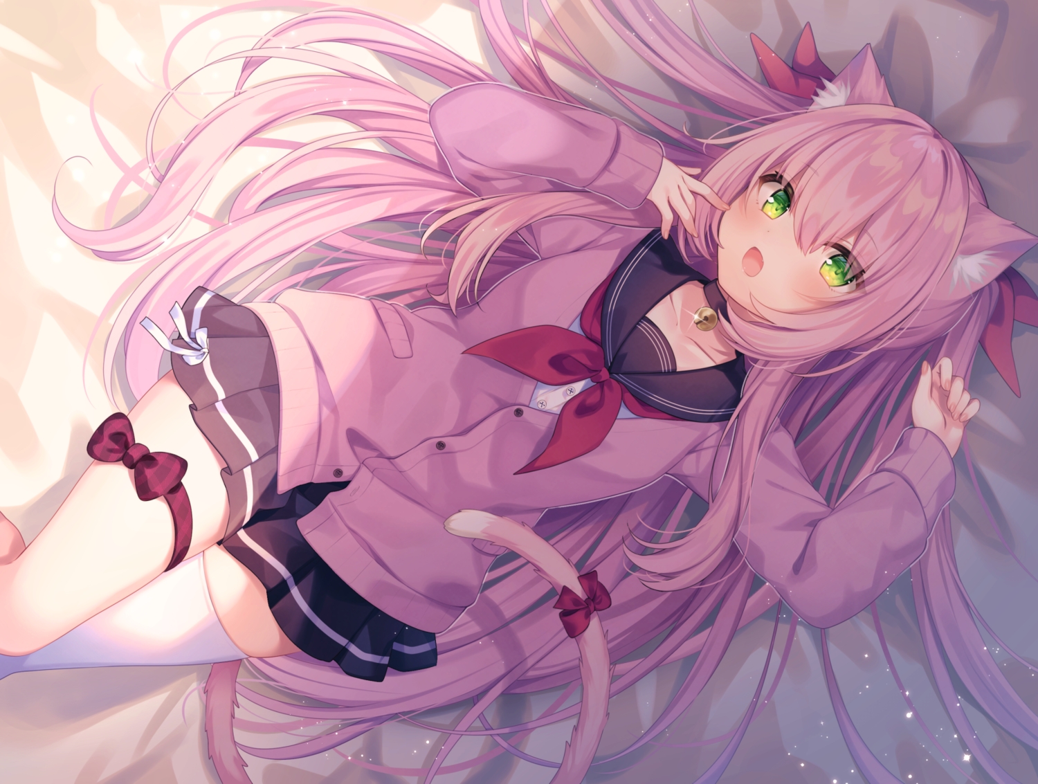 animal_ears, bed, bell, catgirl, collar, green_eyes, komachi_pochi, long_hair