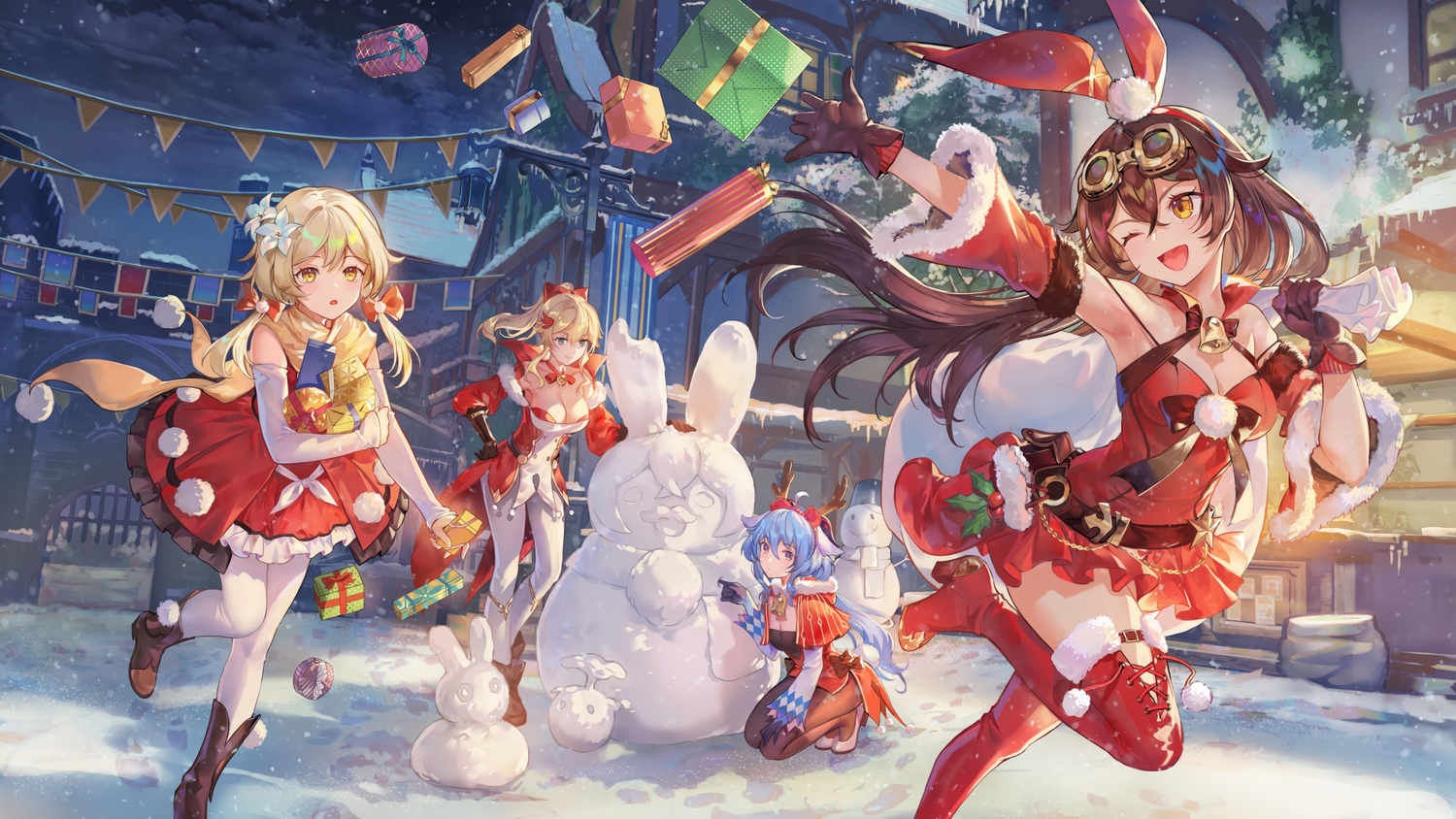 amber_(genshin_impact), animal_ears, blonde_hair, blue_eyes, blue_hair, brown_eyes, brown_hair, building, christmas, criin, dress, ganyu_(genshin_impact), genshin_impact, gloves, group, horns, jean_gunnhildr, long_hair, lumine_(genshin_impact), ponytail, purple_eyes, snow, snowman, winter, yellow_eyes