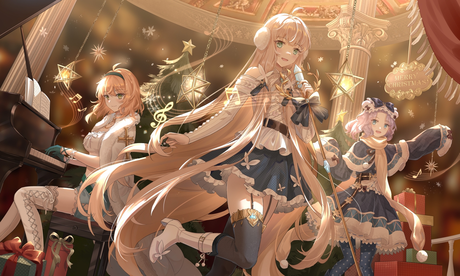 blonde_hair, bow, brown_hair, christmas, dress, gloves, green_eyes, headband