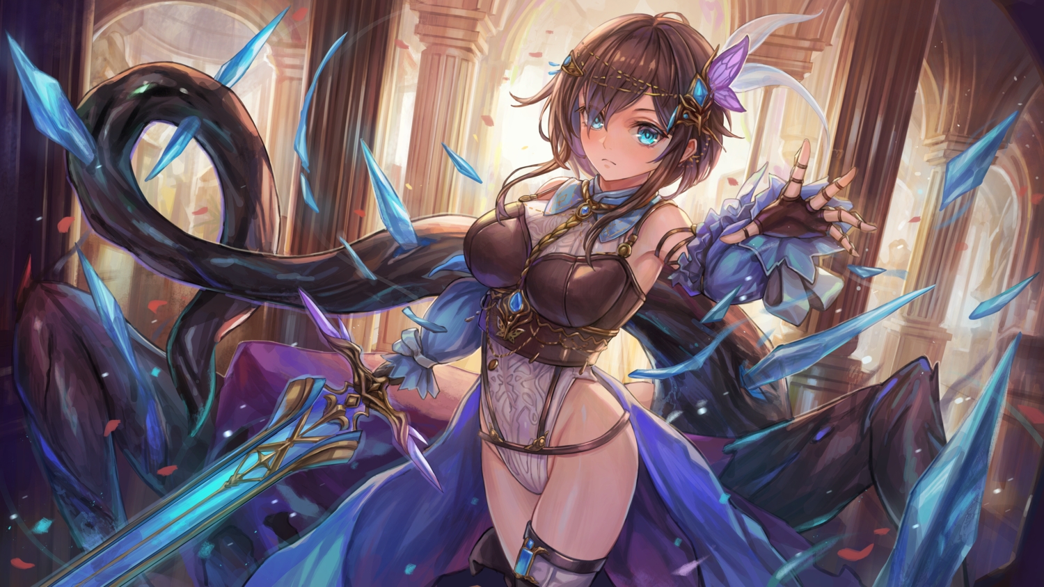 aqua_eyes, brown_hair, gloves, leotard, short_hair, sword, tagme_(character), thighhighs, tower_of_saviors, weapon, yahiro_(heartseek000)