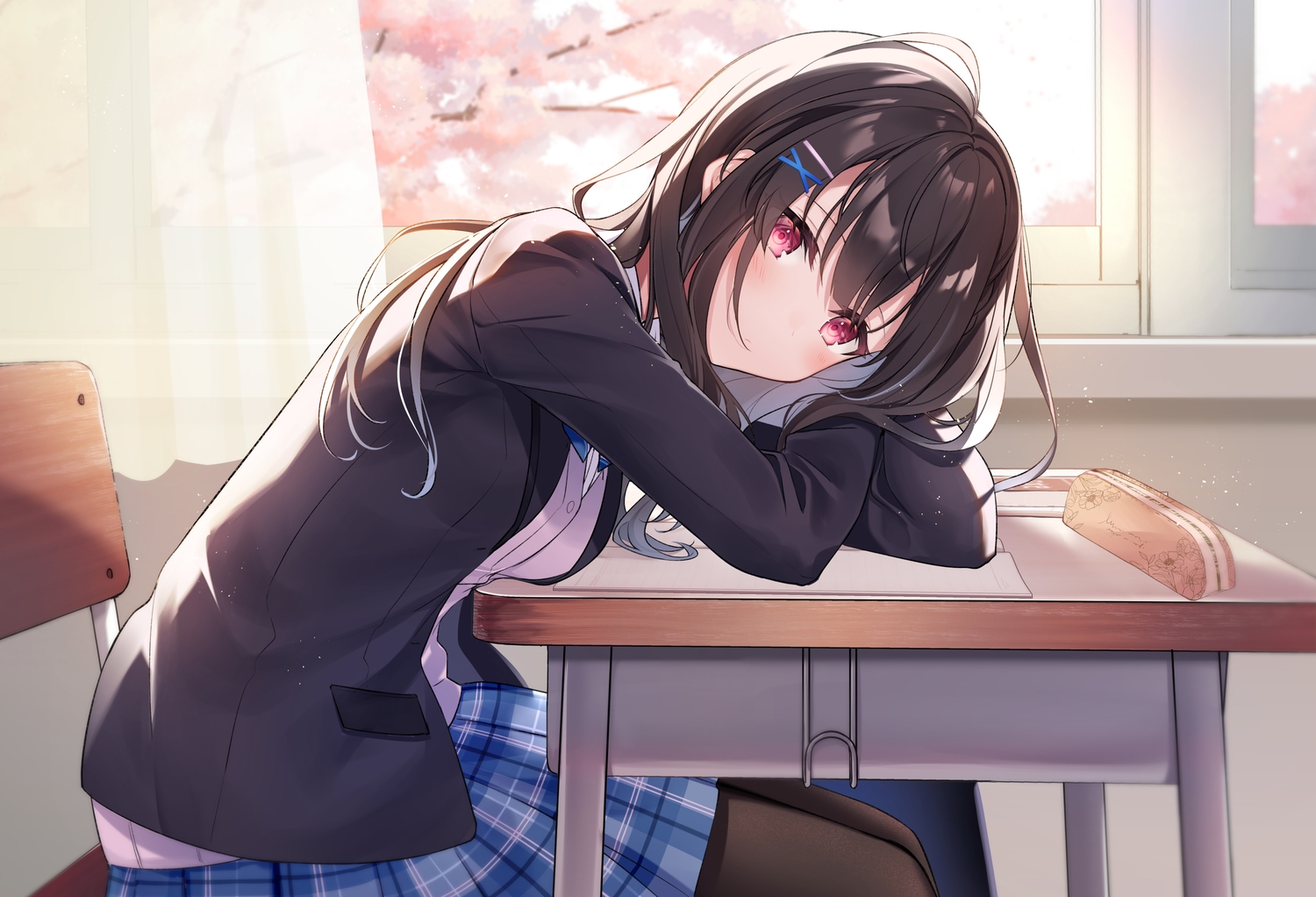 brown_hair, kisaragi_yuri, long_hair, original, pantyhose, purple_eyes, school_uniform, skirt