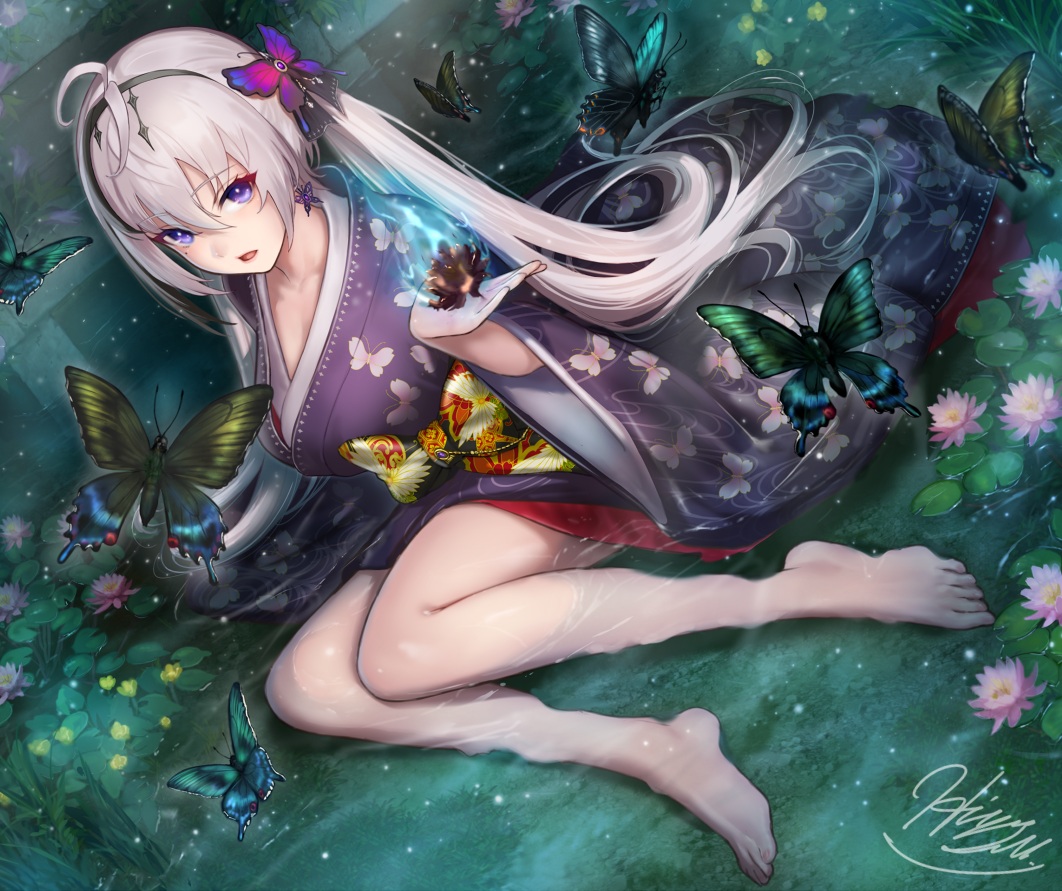 barefoot, butterfly, flowers, gray_hair, headband, hiyashiru, japanese_clothes, kamikurai_leto, long_hair, purple_eyes, signed, twintails, water
