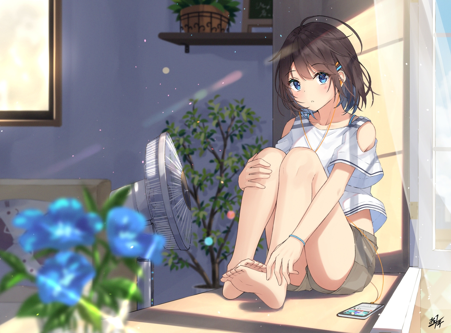 barefoot, blue_eyes, blush, brown_hair, fan, flowers, jpeg_artifacts, miko_fly, original, phone, short_hair, shorts, signed