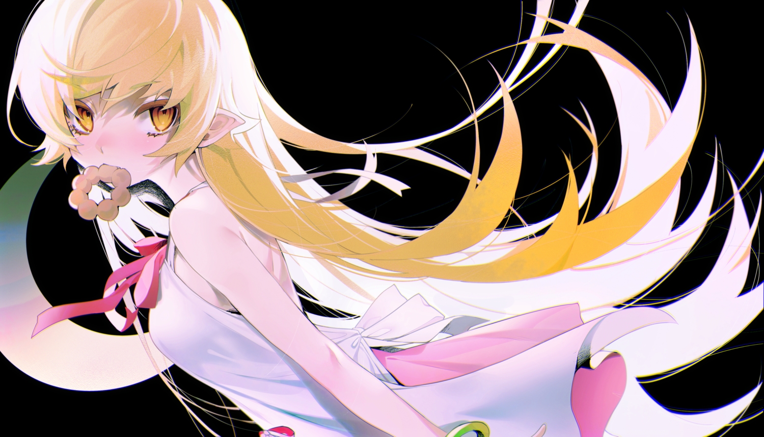 bakemonogatari, blonde_hair, dress, fang, food, loli, long_hair, mazamuno, monogatari_(series), oshino_shinobu, pointed_ears, ribbons, vampire, yellow_eyes