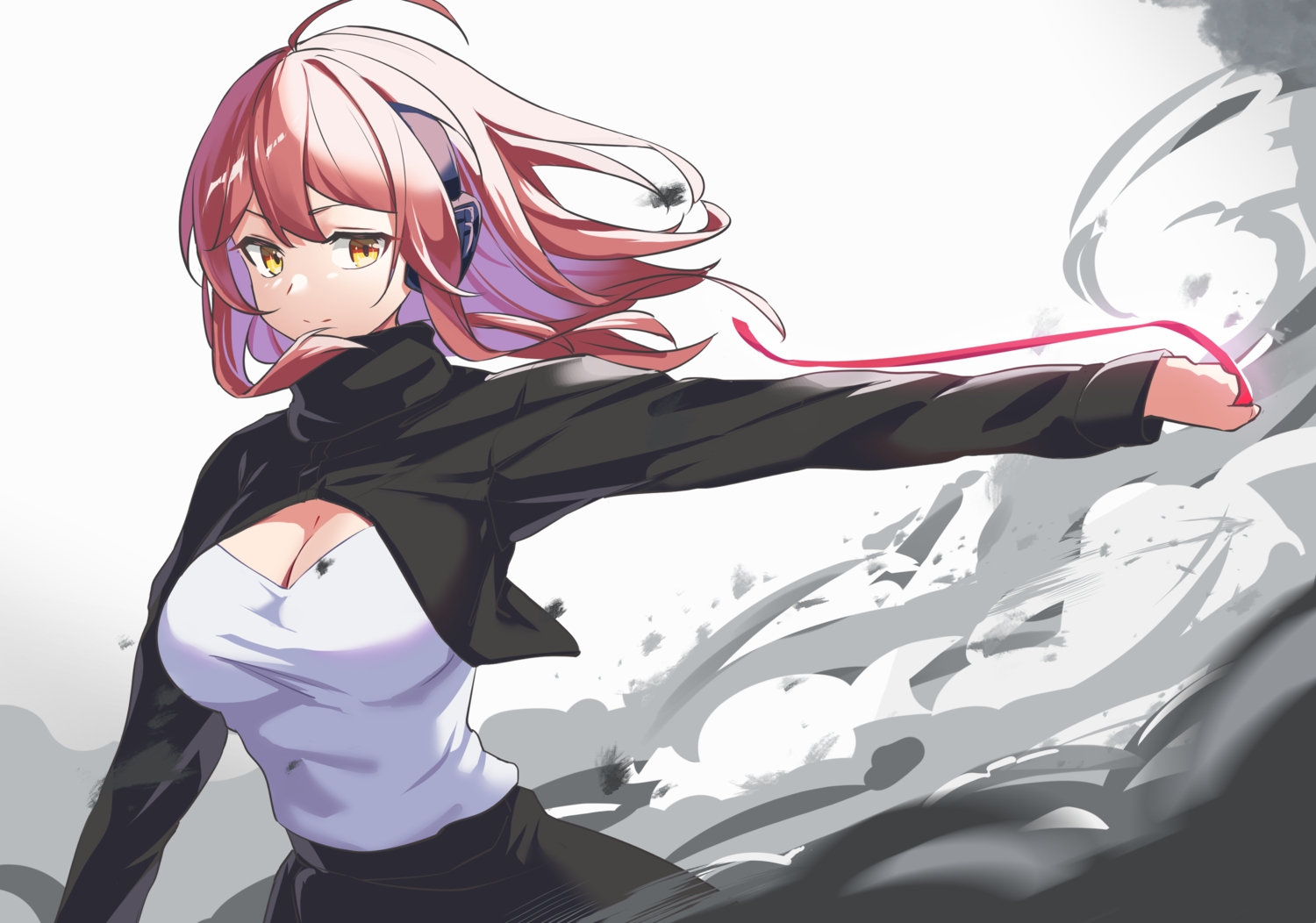 breasts, cleavage, dress, headphones, original, red_hair, reulem, ribbons
