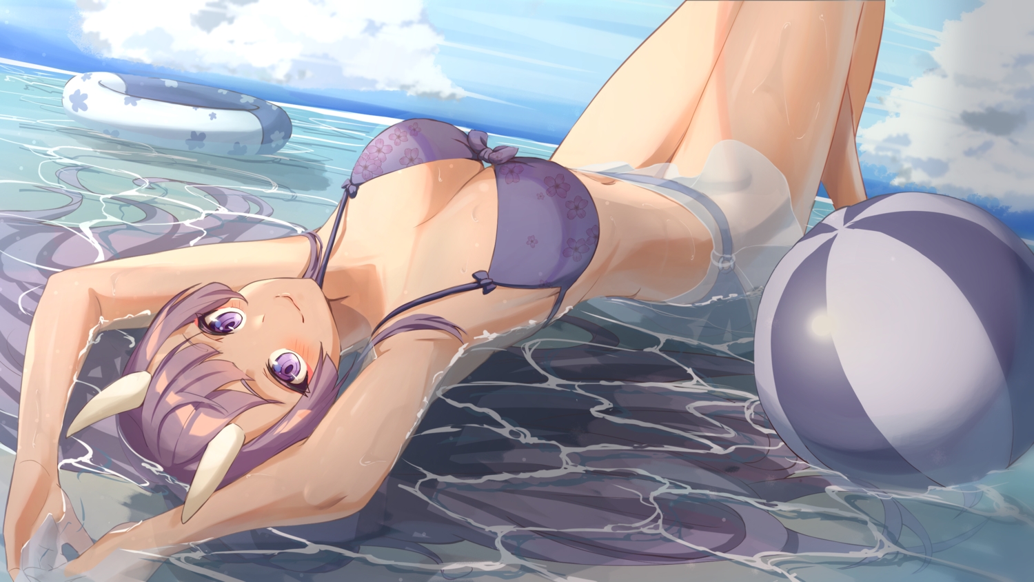 bikini, breasts, clouds, demon, horns, long_hair, original, purple_eyes, purple_hair, reulem, sky, swimsuit