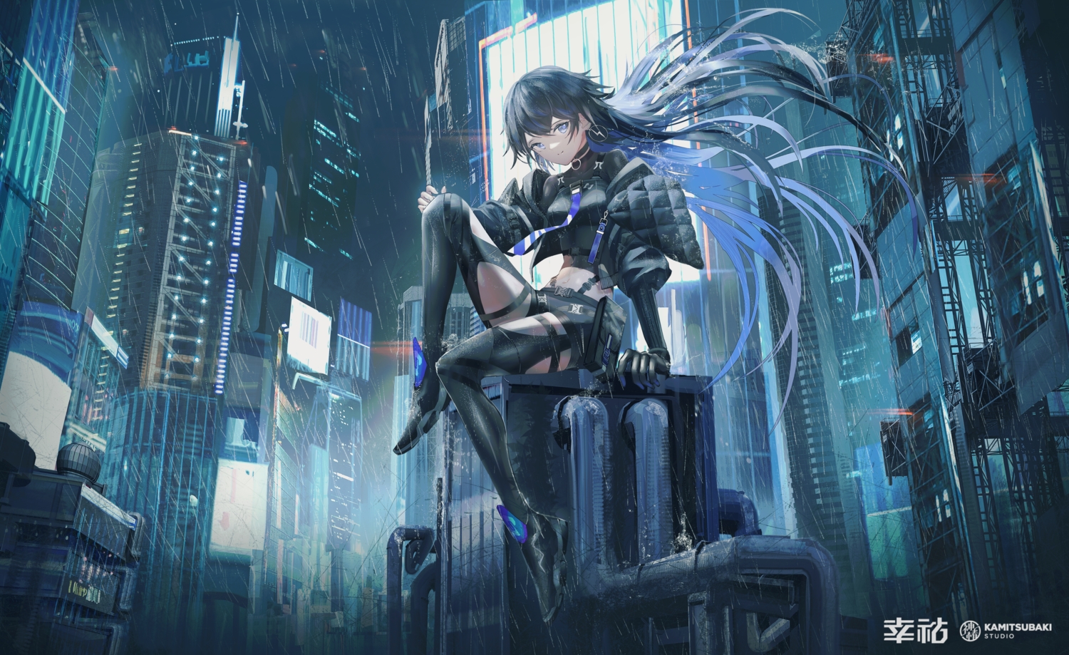 black_hair, blue_eyes, boots, building, choker, city, elbow_gloves, garter