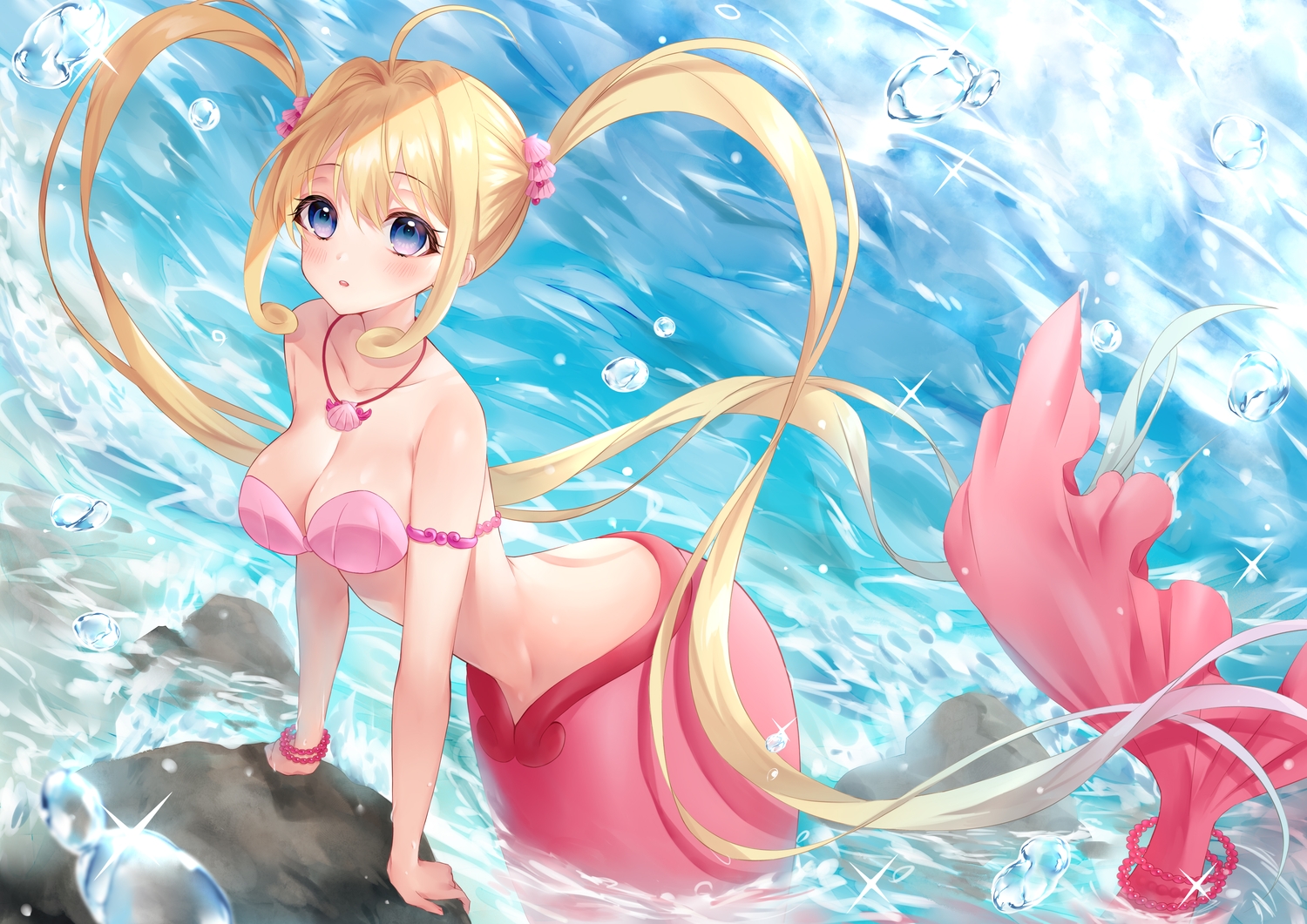 blonde_hair, blush, long_hair, mermaid, mermaid_melody_pichi_pichi_pitch, nanami_lucia, navel, necklace, orii_(fsgp5252), twintails, water
