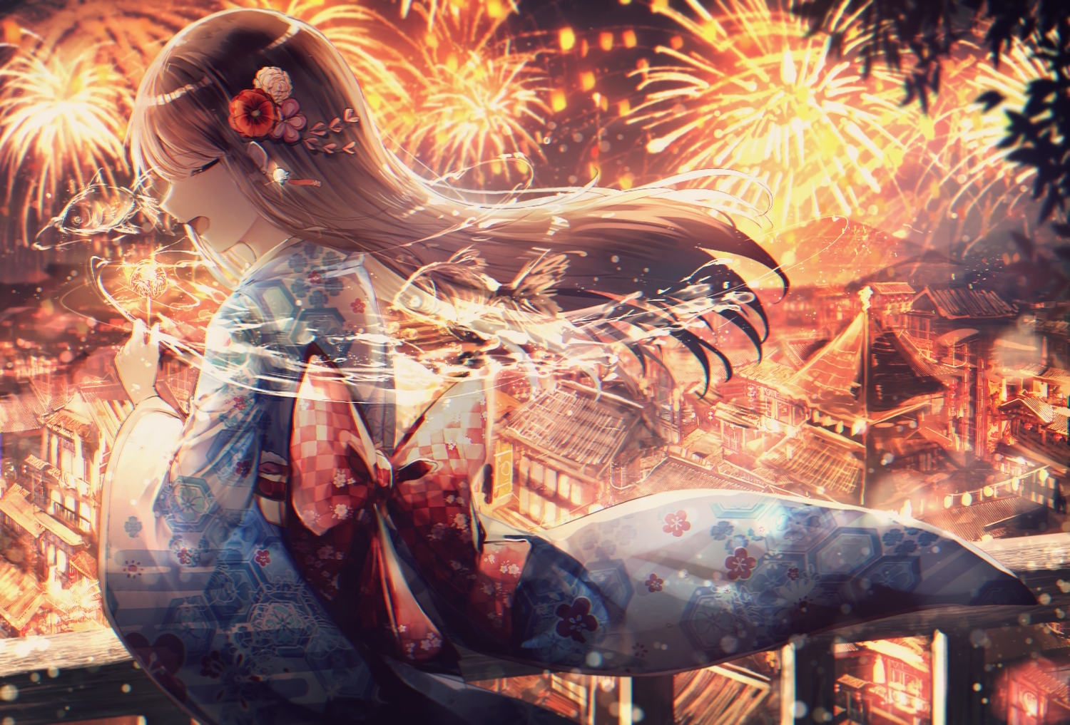 bow, brown_hair, building, city, fireworks, japanese_clothes, kimono, long_hair