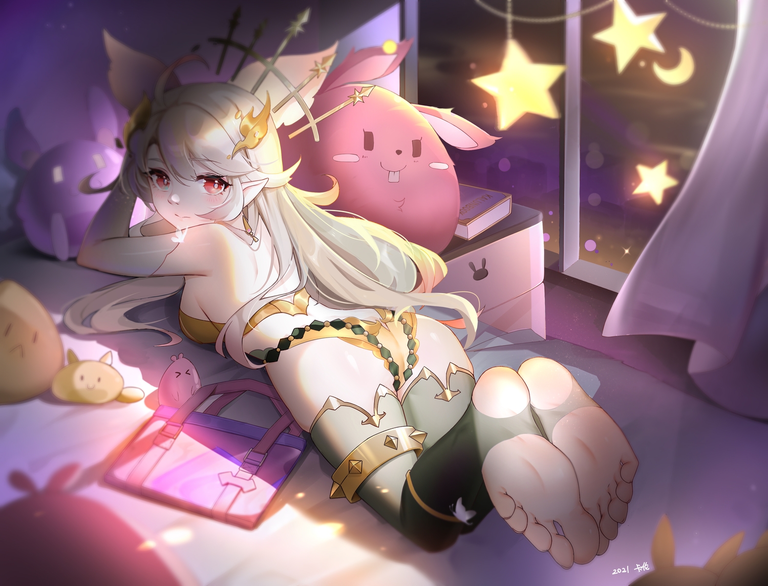 barefoot, bed, kalun_(fwme3378), long_hair, original, pointed_ears, red_eyes, white_hair