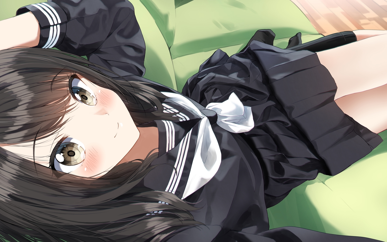 black_hair, brown_eyes, close, couch, green, original, pentagon_(railgun_ky1206), school_uniform, skirt