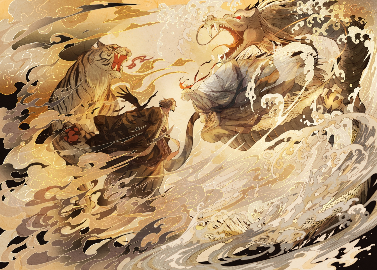 all_male, animal, bird, brown_hair, chinese_clothes, clouds, dragon, japanese_clothes