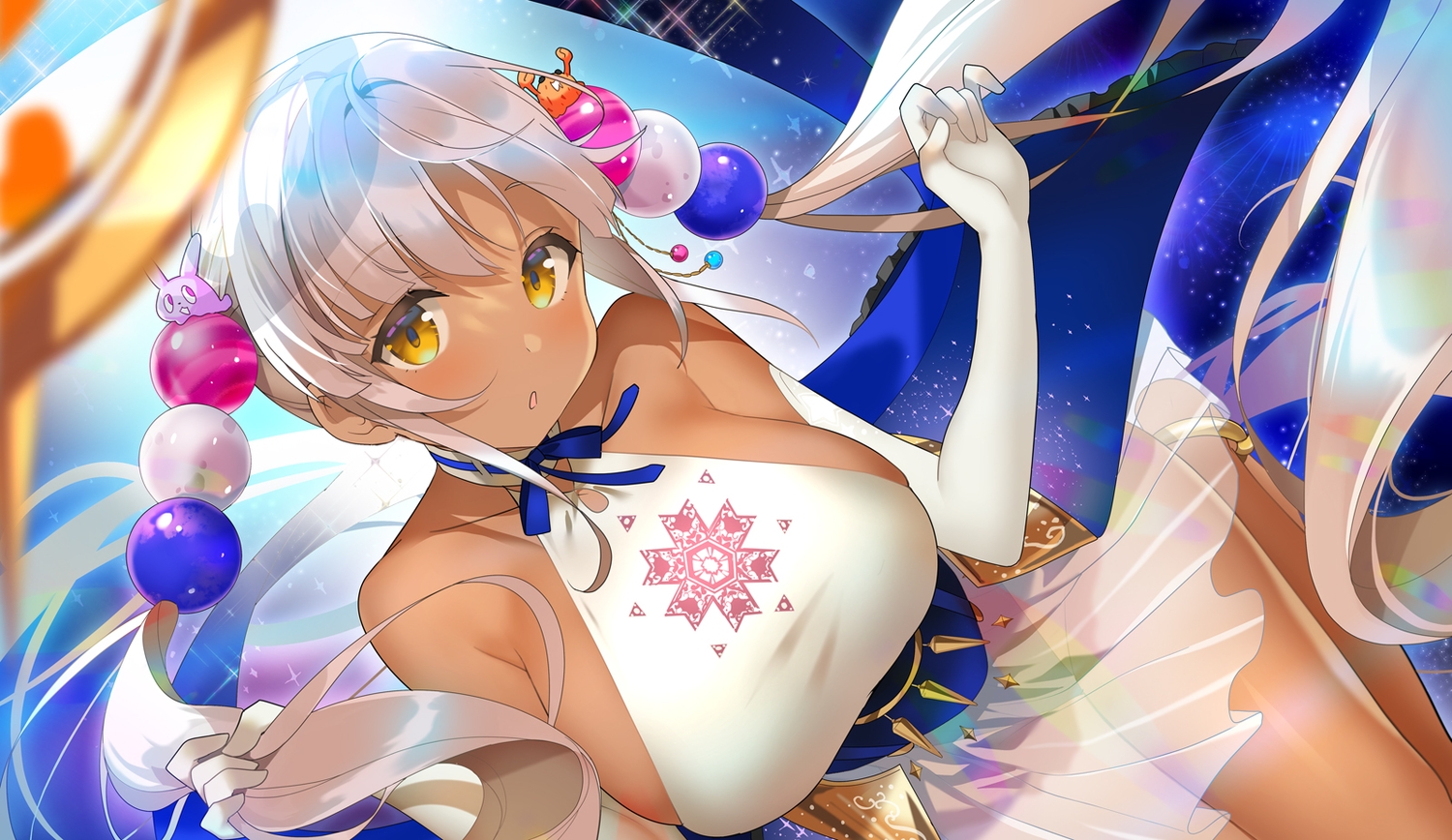 breasts, dark_skin, elbow_gloves, gloves, gray_hair, hololive, kurot, long_hair