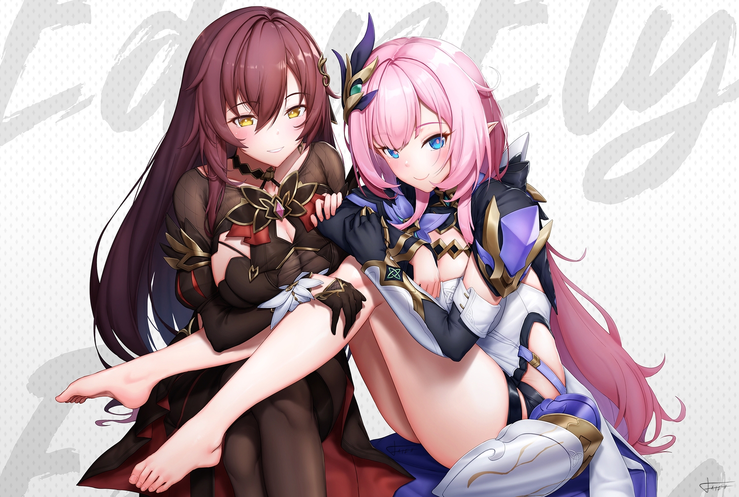 2girls, barefoot, breasts, brown_hair, cleavage, eden_(honkai_impact), elysia_(honkai_impact), honkai_impact, honkai_(series), long_hair, pink_hair, pointed_ears, signed, xfate