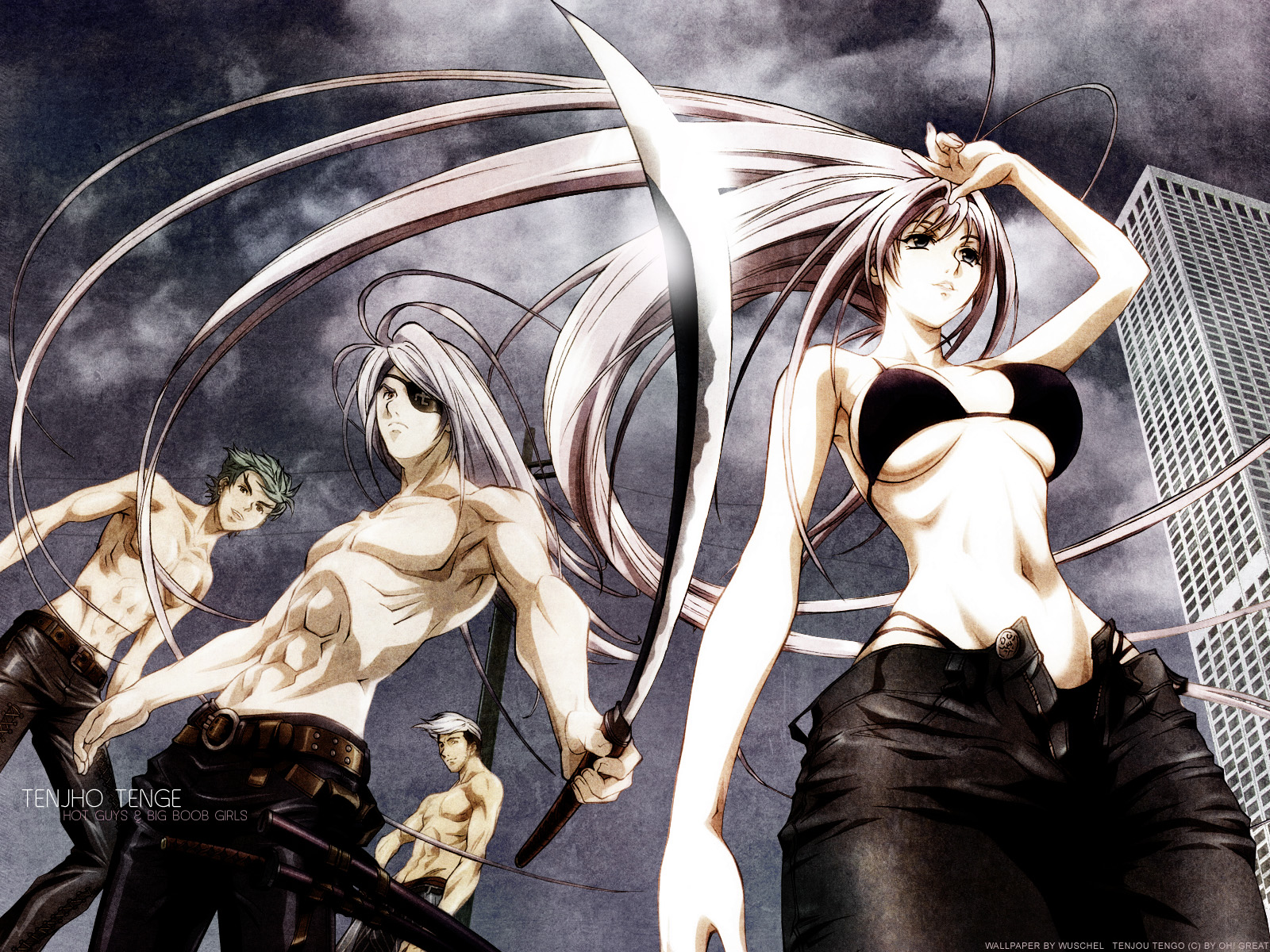 long_hair, natsume_maya, natsume_shin, sky, sword, tawara_bunshichi, tenjou_tenge, weapon