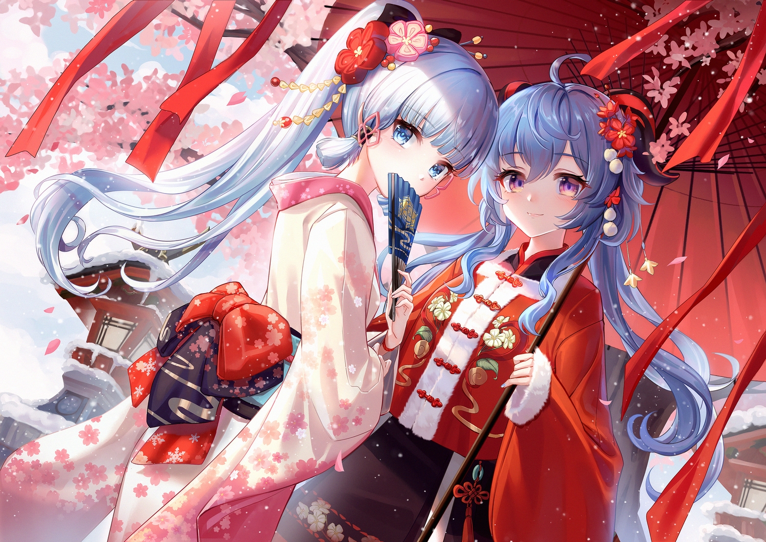 2girls, blue_eyes, blue_hair, bow, cherry_blossoms, chinese_clothes, flowers, ganyu_(genshin_impact)