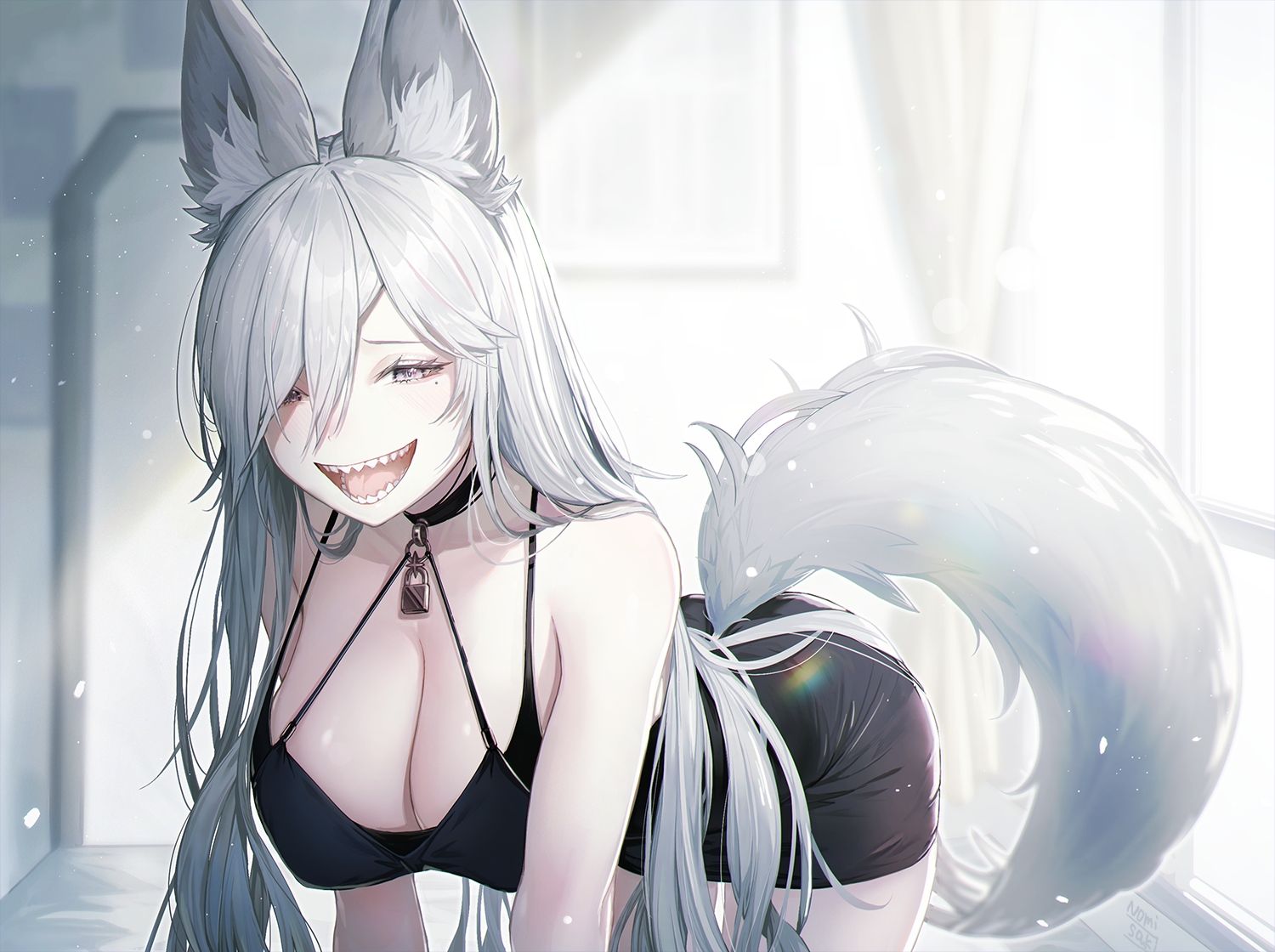 amano_misaki, animal_ears, blush, breasts, choker, cleavage, dress, fang
