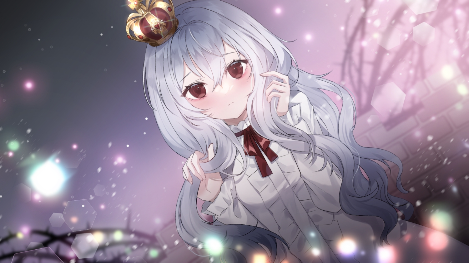 crown, dress, gray_hair, long_hair, original, poho, red_eyes
