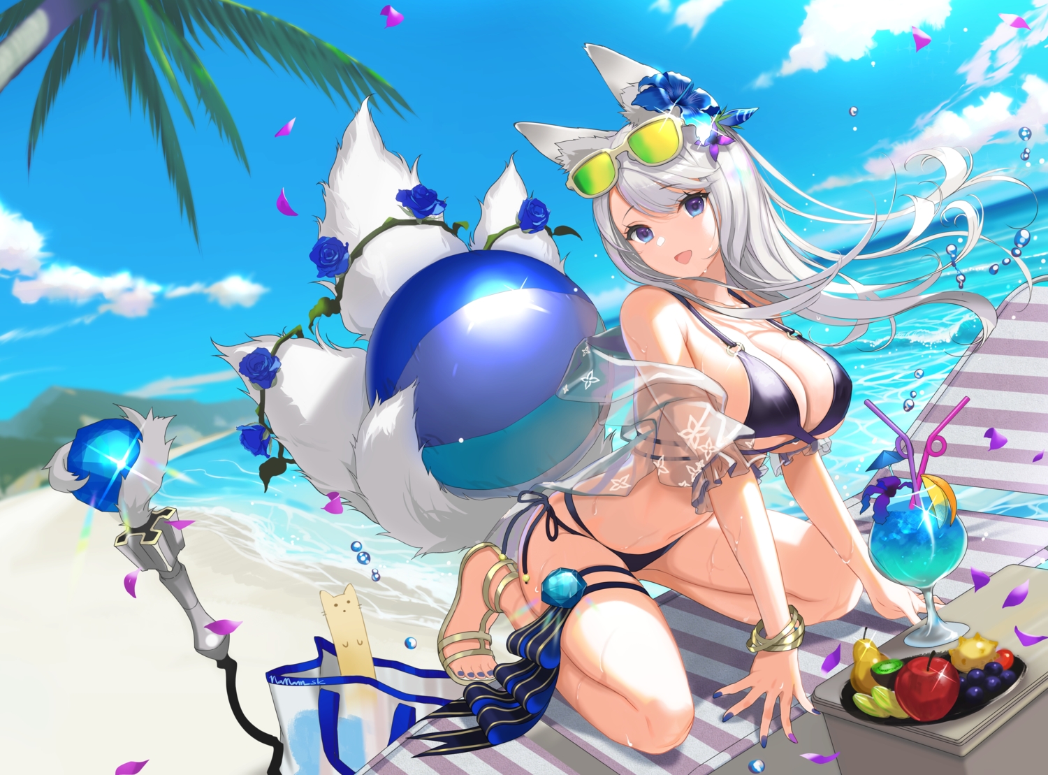 animal_ears, apple, ball, beach, bikini, blue_eyes, breasts, cleavage, clouds, drink, food, foxgirl, fruit, gray_hair, long_hair, multiple_tails, nanam_(nanam_sk), original, signed, sky, sunglasses, swimsuit, tail, water, wet, wristwear