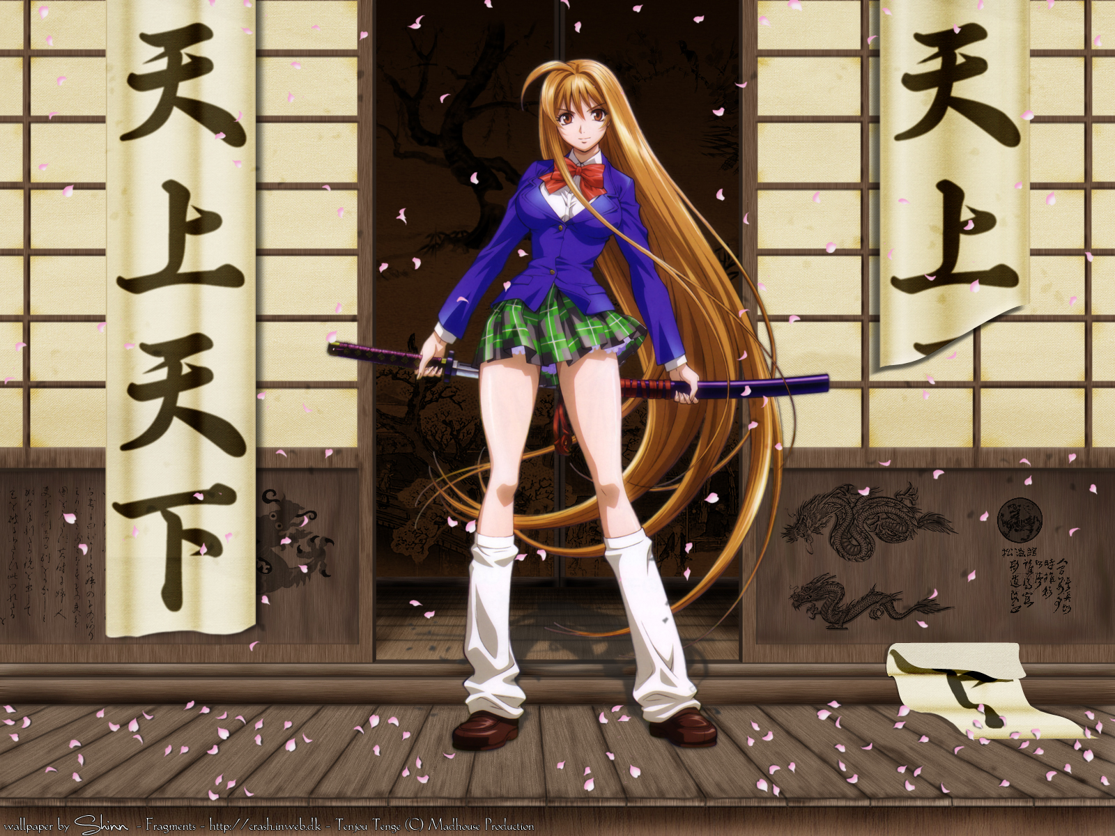 blonde_hair, brown_eyes, long_hair, natsume_aya, school_uniform, skirt, sword, tenjou_tenge
