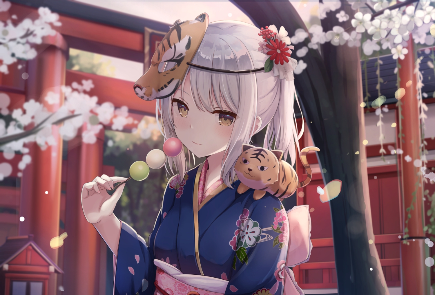 brown_eyes, flowers, food, gray_hair, japanese_clothes, kimono, long_hair, mask