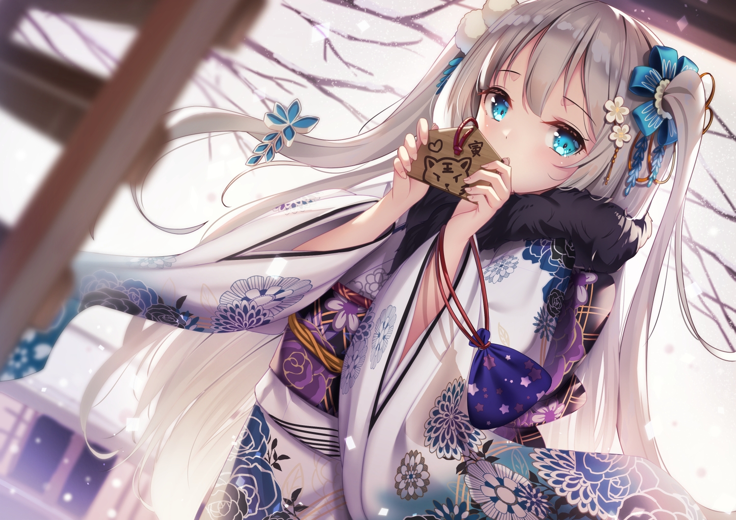 aqua_eyes, gray_hair, japanese_clothes, kimono, long_hair, original, shrine, twintails