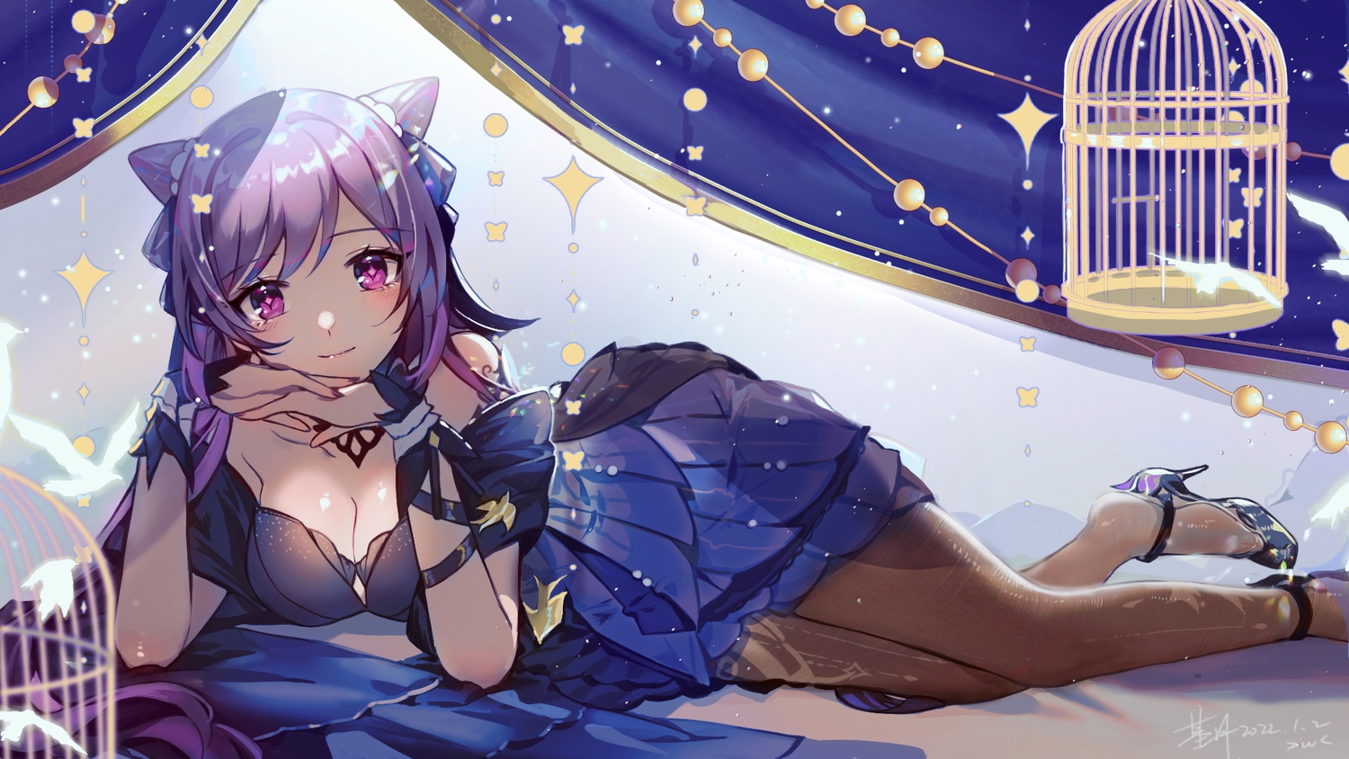 breasts, cage, cleavage, dress, genshin_impact, ji_yue, keqing_(genshin_impact), pantyhose, purple_eyes, purple_hair, signed, twintails