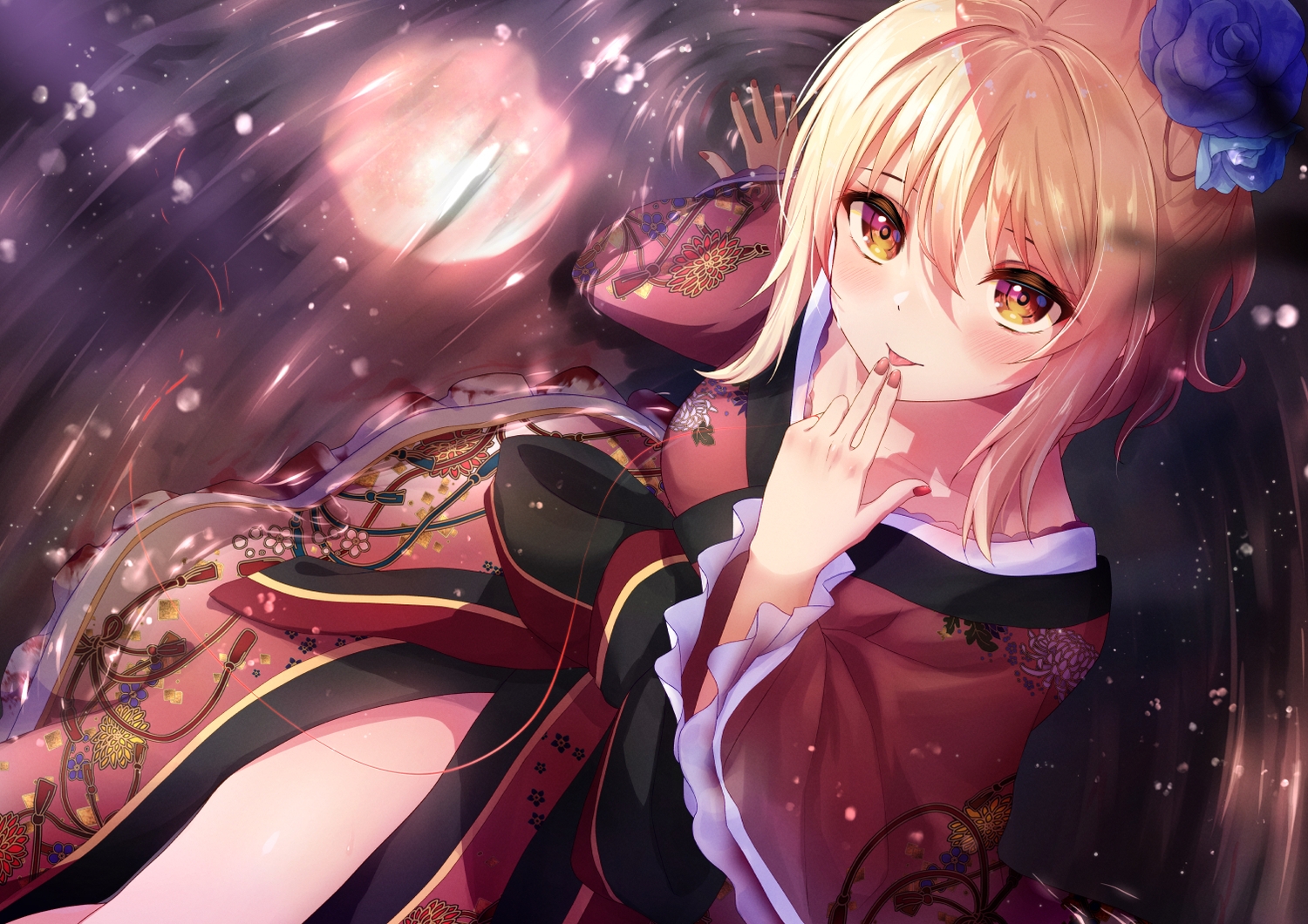 aliasing, blonde_hair, b.ren, japanese_clothes, love_live!_nijigasaki_high_school_idol_club, love_live!_school_idol_project, miyashita_ai, moon, night, reflection, water