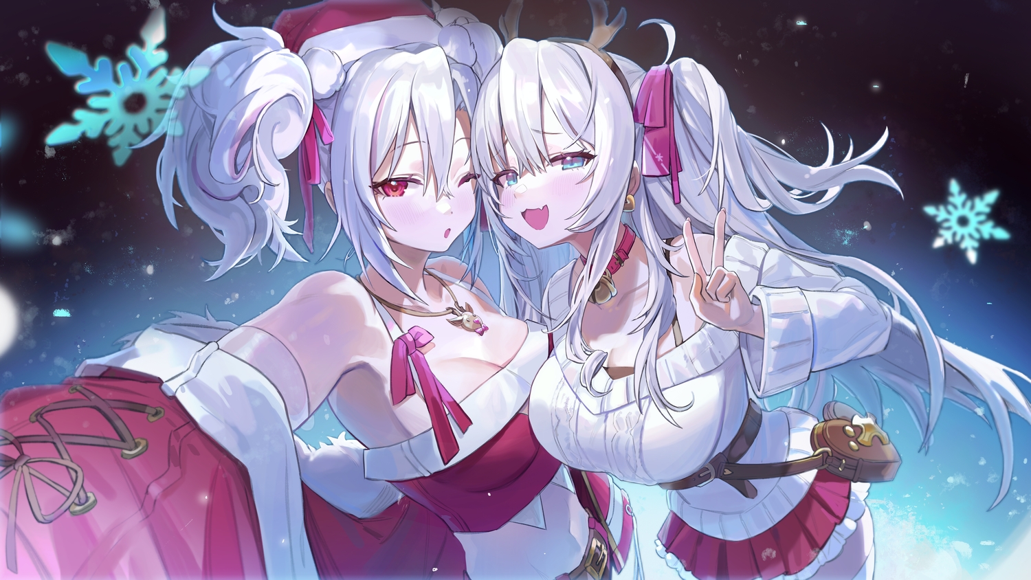 2girls, anthropomorphism, azur_lane, choker, christmas, elbe_(azur_lane), freng, gray_hair