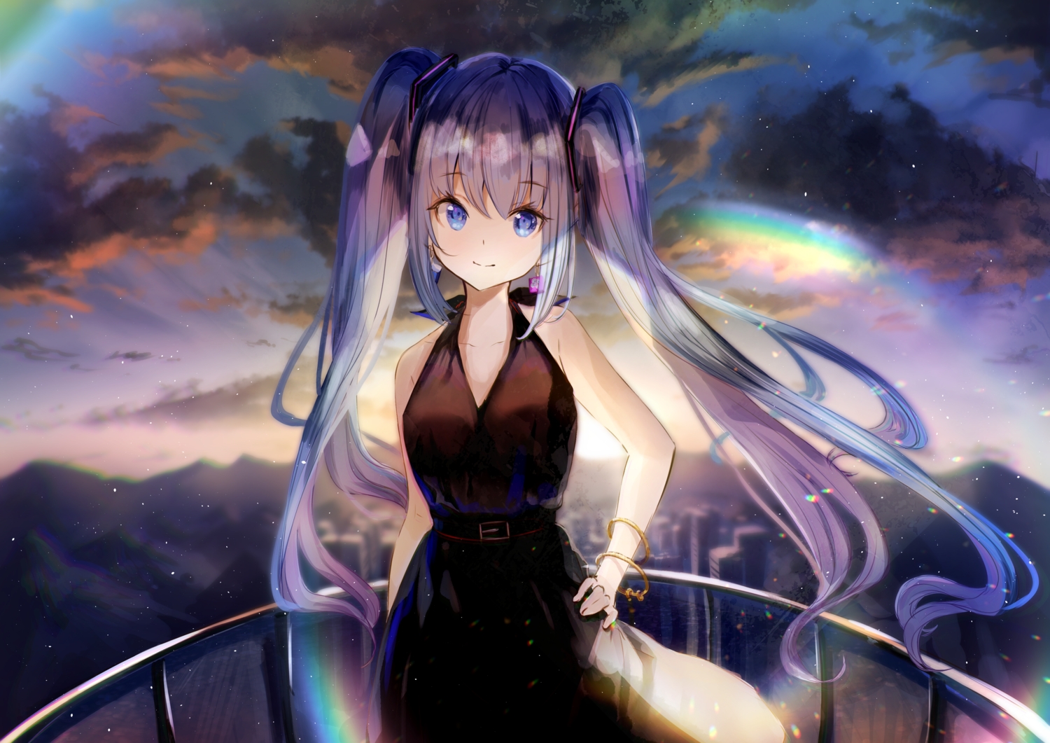 blue_eyes, building, city, dress, hatsune_miku, long_hair, rei_(farta_litia), sunset, twintails, vocaloid, wristwear