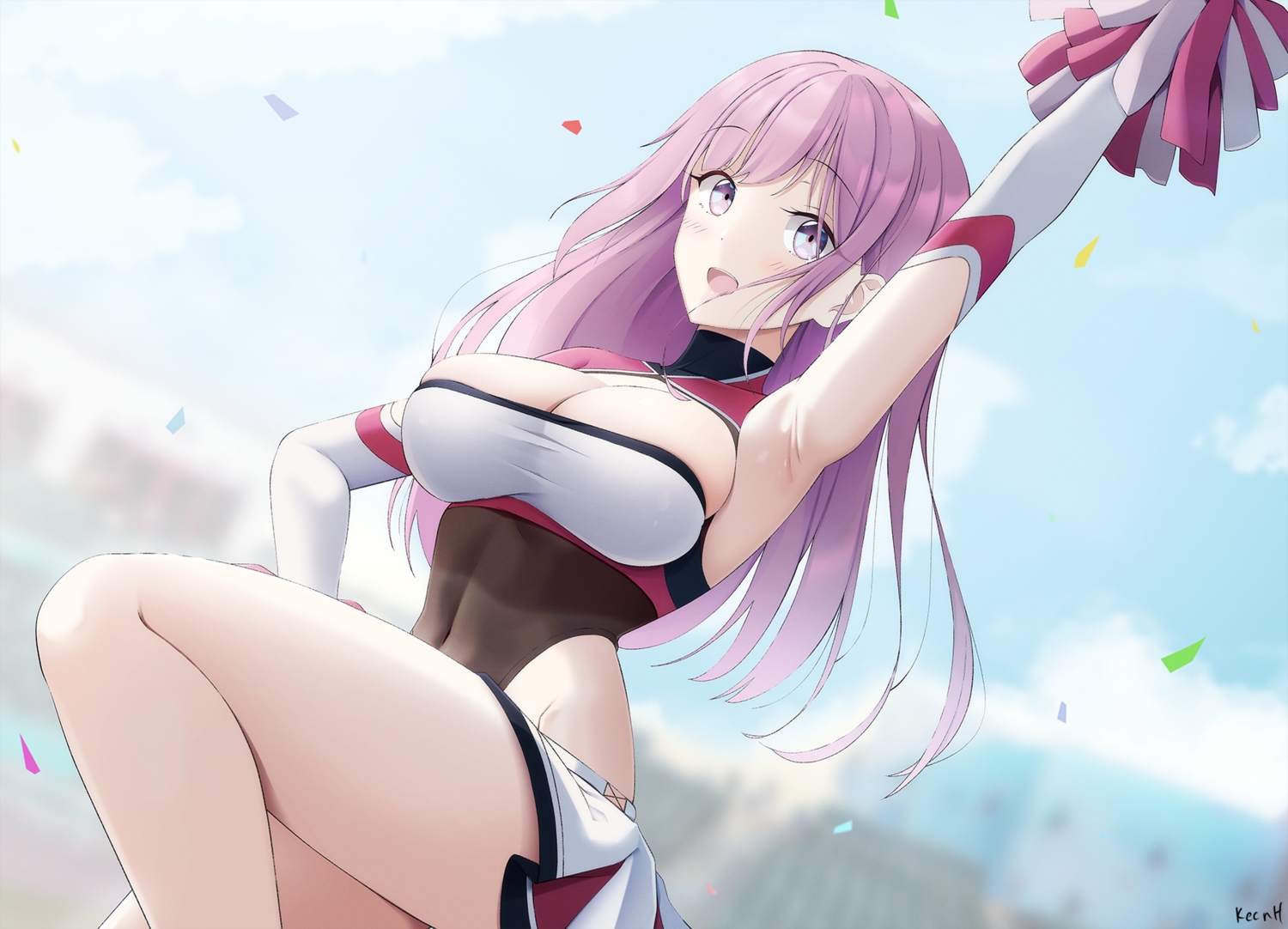 blush, breasts, cheerleader, cleavage, clouds, keenh, leotard, long_hair