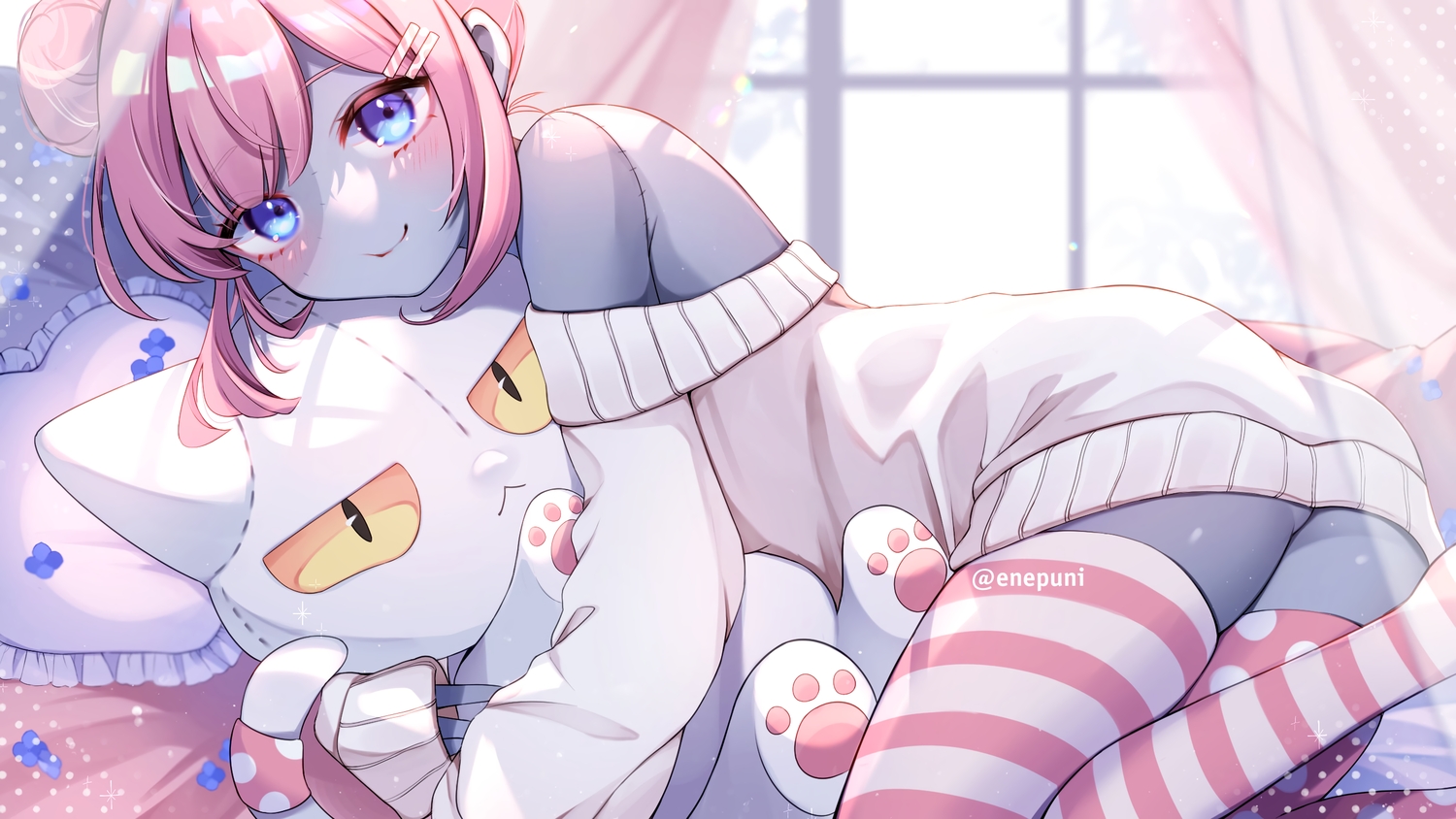 ajisai_eurydice, ass, bed, blue_eyes, blush, dark_skin, doll, enepuni, hug, no_bra, pink_hair, scar, short_hair, thighhighs