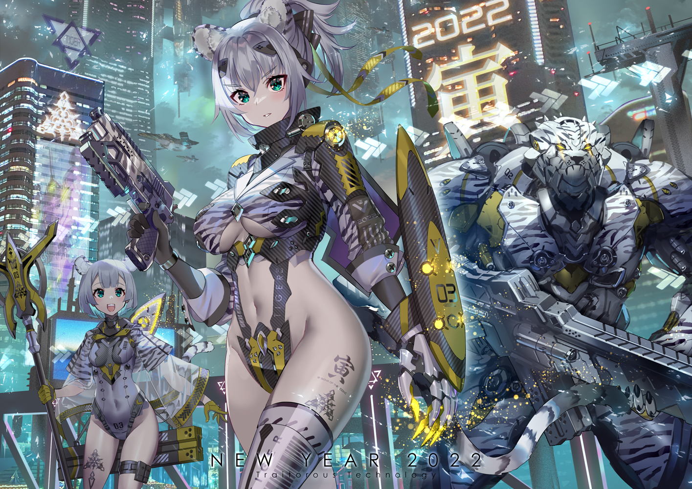 animal_ears, breasts, building, city, gloves, gray_hair, green_eyes, gun