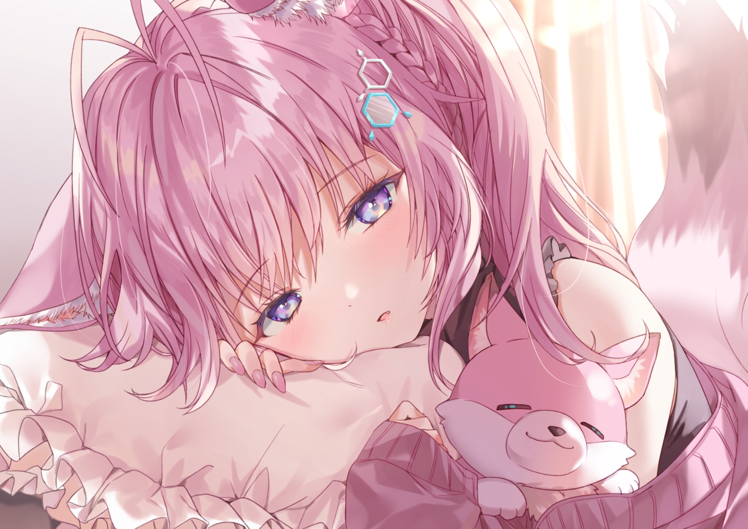 animal_ears, bed, braids, close, dabi_(dabibubi), foxgirl, hakui_koyori, hololive, long_hair, purple_hair, tail