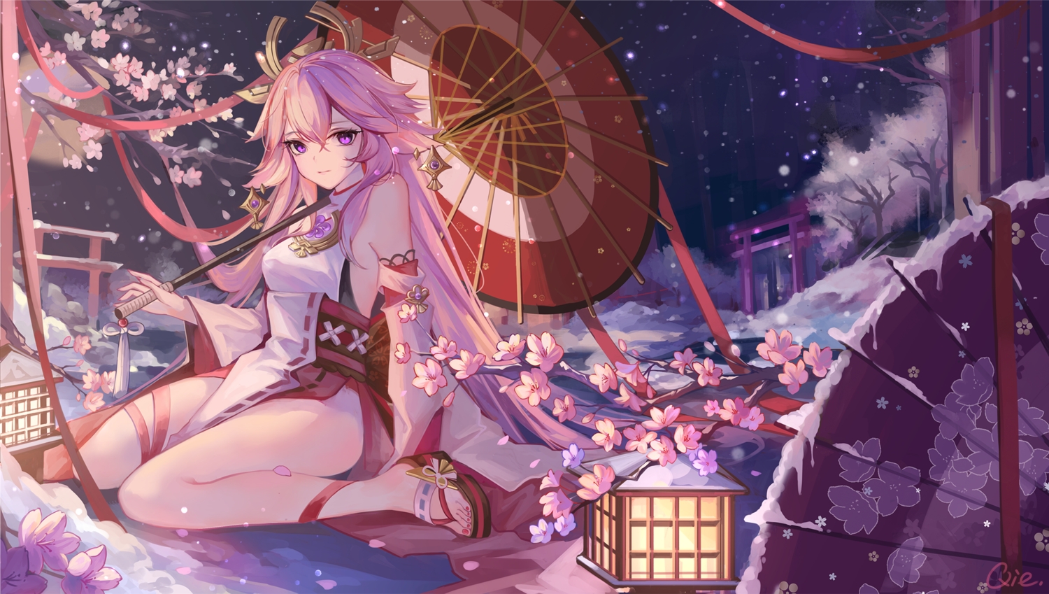 animal_ears, flowers, foxgirl, genshin_impact, japanese_clothes, long_hair, pink_hair, qie_(25832912)