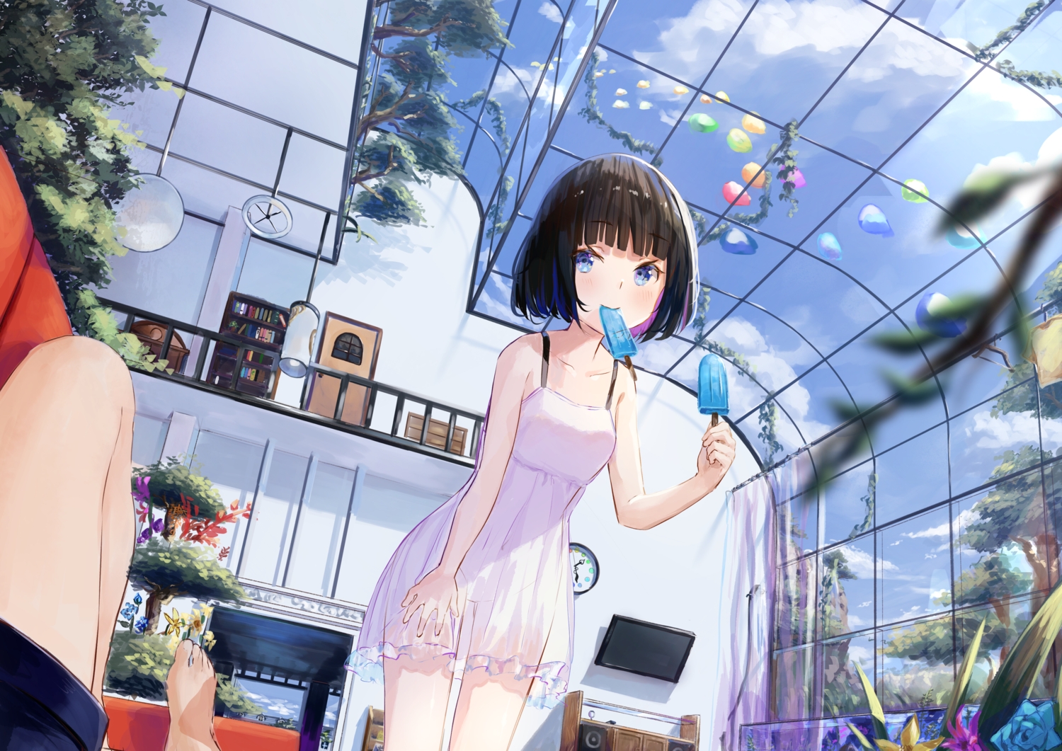 blue_eyes, brown_hair, clouds, dress, flowers, food, original, popsicle, rei_(farta_litia), see_through, short_hair, sky
