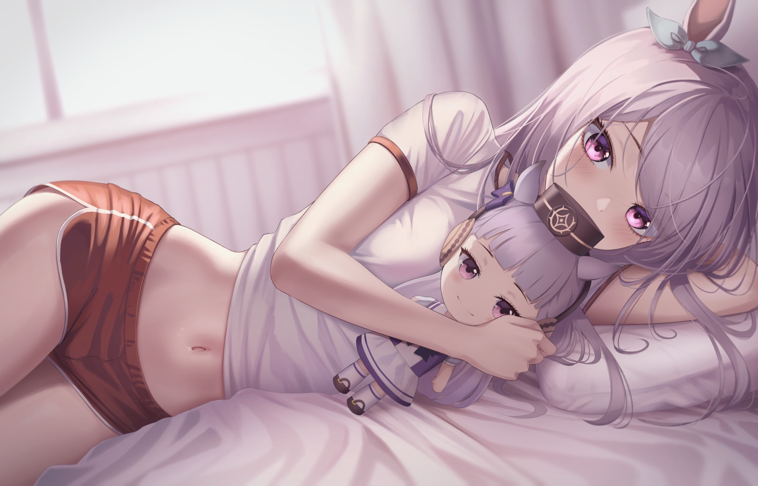 animal_ears, anthropomorphism, bed, doll, gold_ship_(umamusume), gym_uniform, long_hair, marinesnow, mejiro_mcqueen_(umamusume), navel, purple_eyes, purple_hair, uma_musume:_pretty_derby