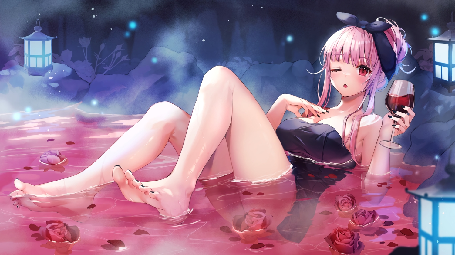 barefoot, blush, drink, flowers, hololive, mori_calliope, onsen, pink_hair