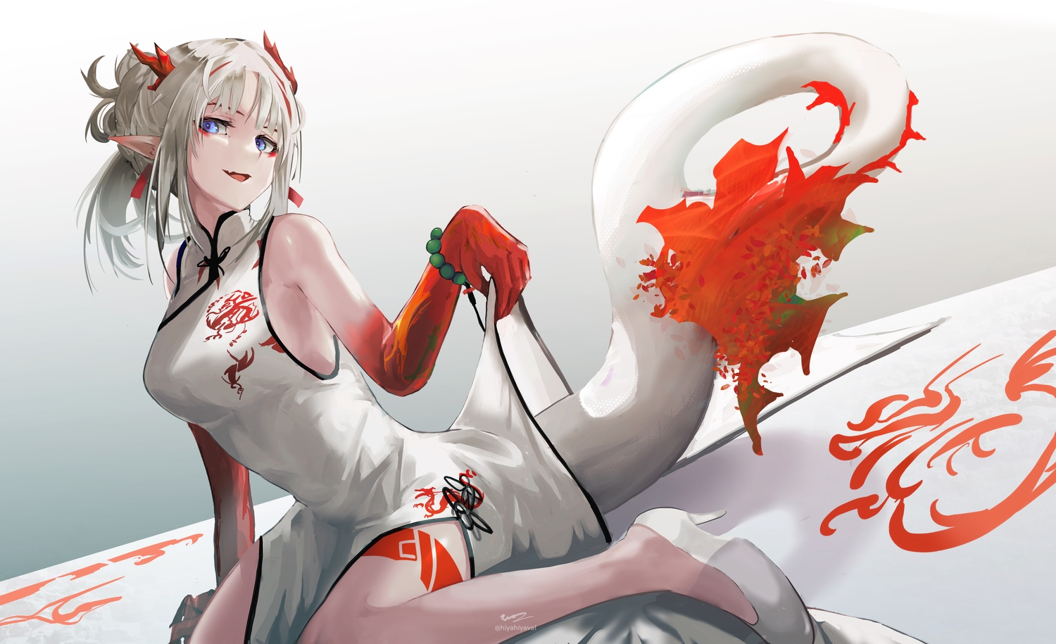 arknights, blue_eyes, chinese_clothes, chinese_dress, dress, fang, gradient, hiyaori_(hiyahiyaval)