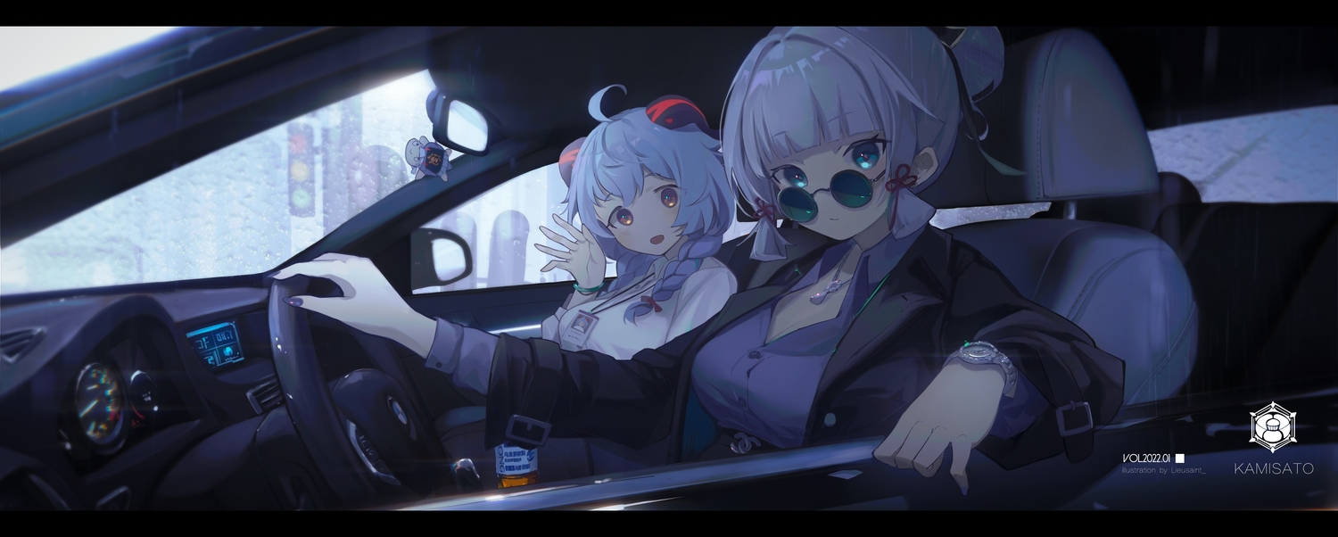 2girls, car, ganyu_(genshin_impact), genshin_impact, horns, kamisato_ayaka, luelue_zi, necklace, shirt, suit, sunglasses, watermark, wristwear
