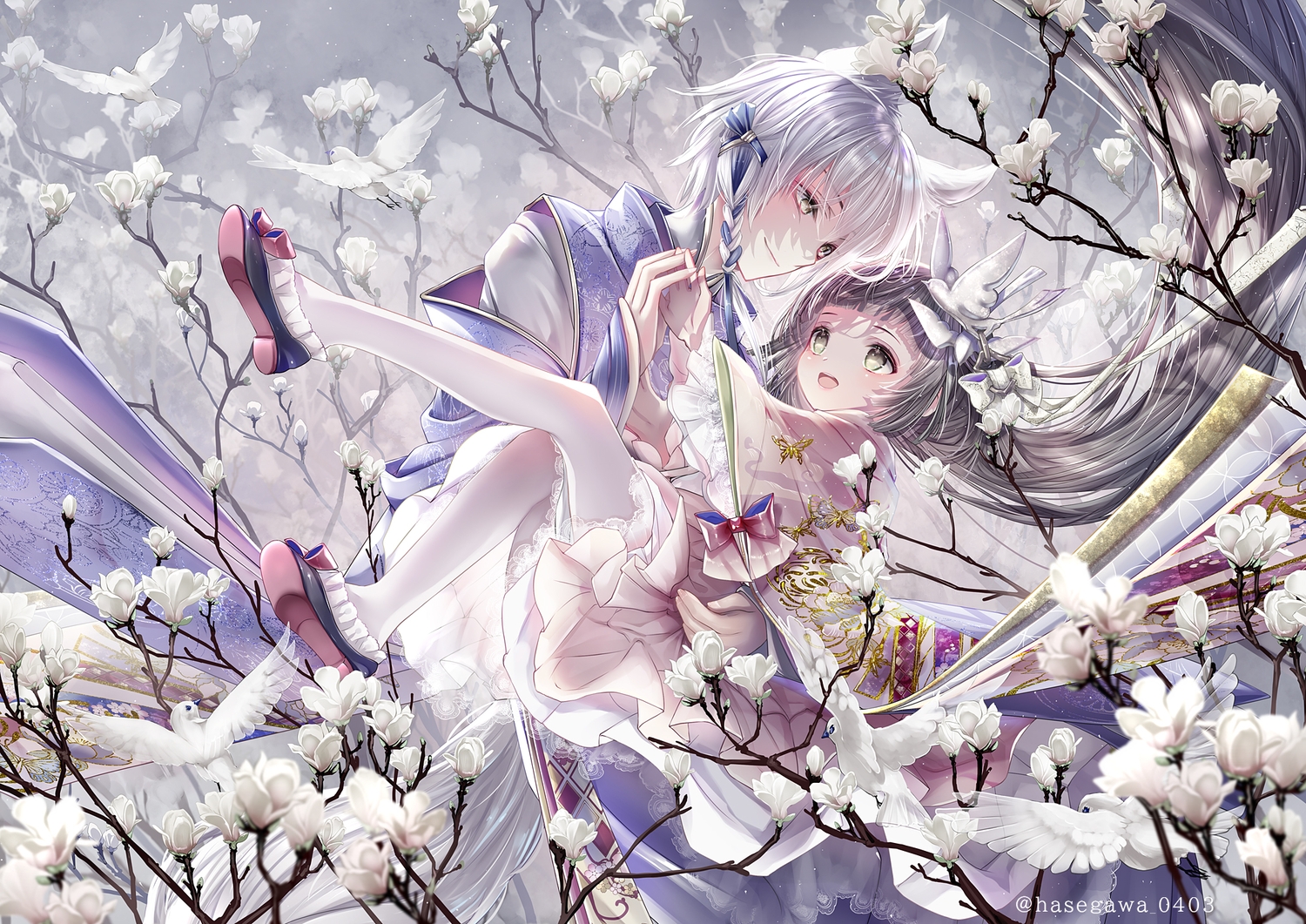 animal, animal_ears, bird, black_hair, fan, flowers, gray_hair, hane_segawa