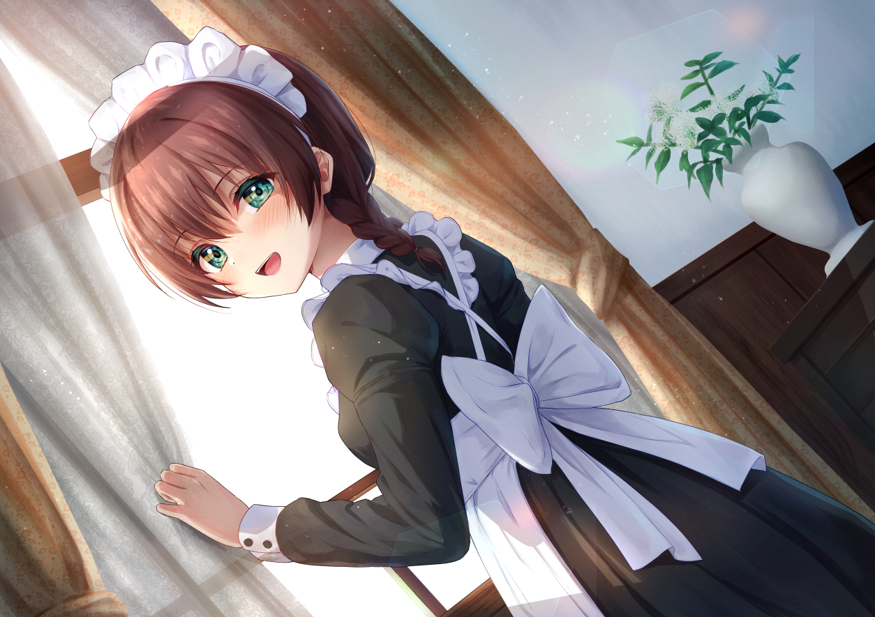 aliasing, braids, b.ren, brown_hair, emma_verde, green_eyes, headband, long_hair, love_live!_nijigasaki_high_school_idol_club, love_live!_school_idol_project, maid, ponytail